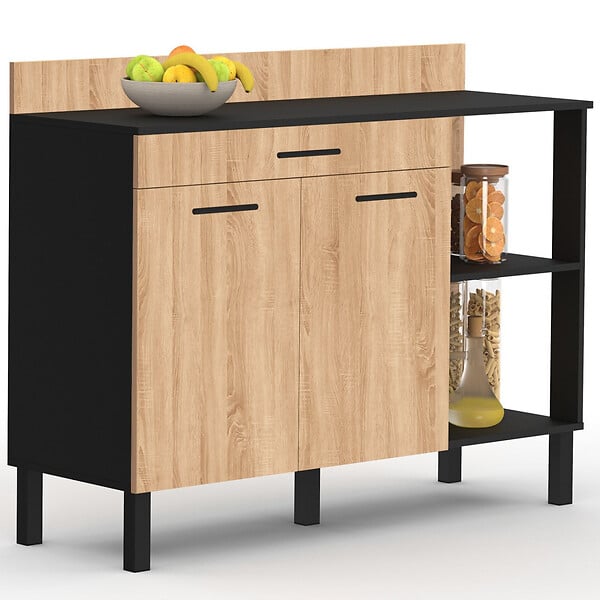 ID MARKET - Buffet bas de cuisine 120 cm CINA plan de travail H.83 cm 2 portes + tiroir noir et façon hêtre - large