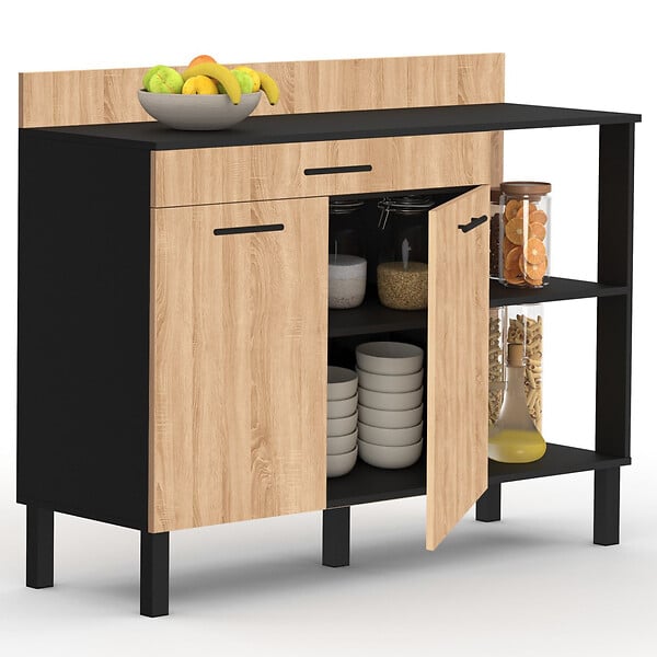 ID MARKET - Buffet bas de cuisine 120 cm CINA plan de travail H.83 cm 2 portes + tiroir noir et façon hêtre - large