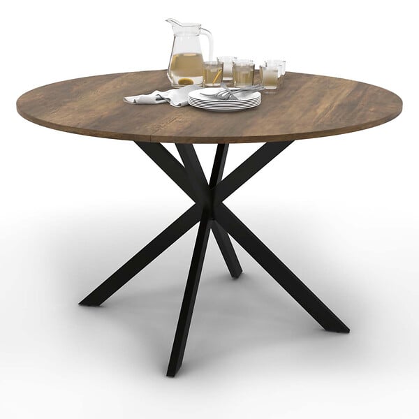 ID MARKET - Table à manger ronde ALIX 6 personnes pied araignée noir et plateau bois foncé HAWKINS 110 cm - large