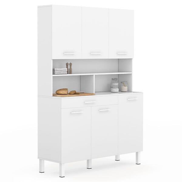 ID MARKET - Buffet de cuisine 120 CM CINA 6 portes + tiroir blanc et blanc brillant - large
