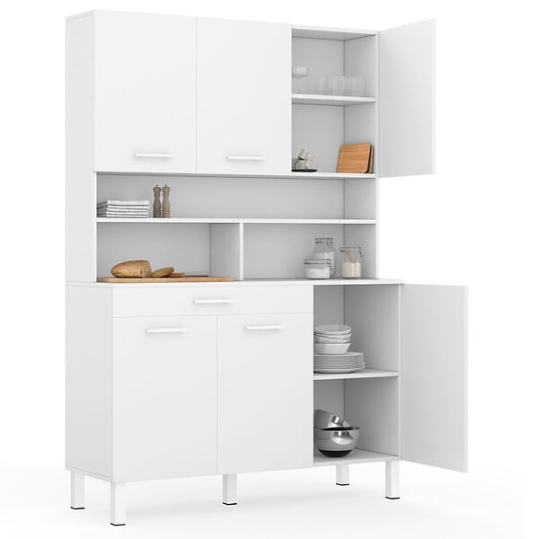 ID MARKET - Buffet de cuisine 120 CM CINA 6 portes + tiroir blanc et blanc brillant - large