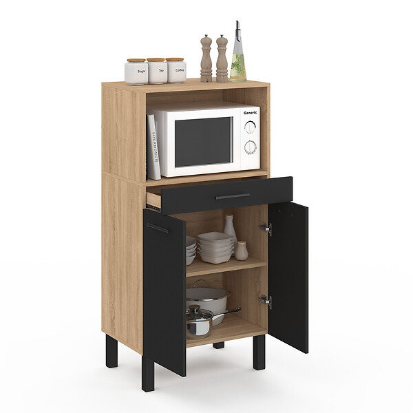 ID MARKET - Buffet mi-haut de cuisine pour micro-onde 60 cm CINA 1 tiroir 2 portes façon hêtre et noir - large
