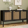 ID MARKET - Buffet bas 110 cm EDHEN 3 portes bois noir et cannage - vignette