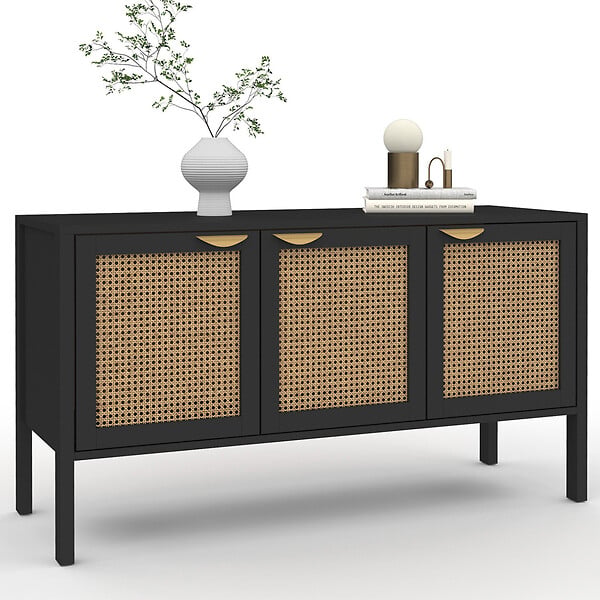 ID MARKET - Buffet bas 110 cm EDHEN 3 portes bois noir et cannage - large