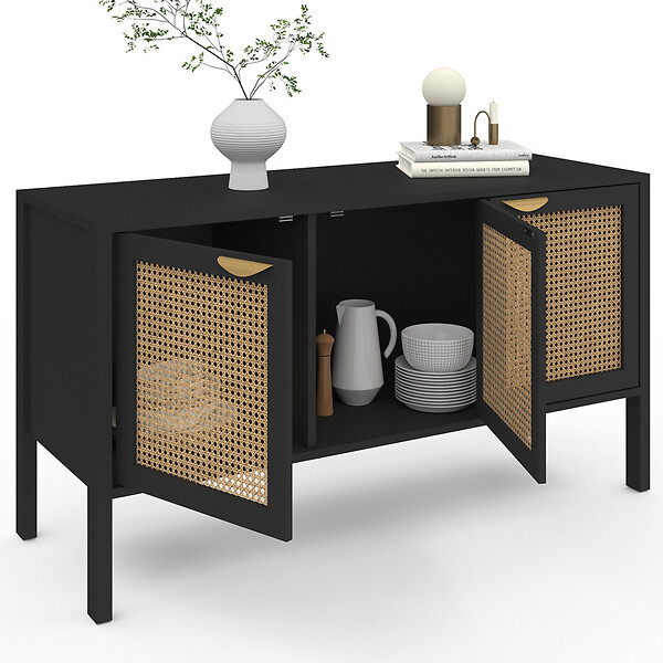 ID MARKET - Buffet bas 110 cm EDHEN 3 portes bois noir et cannage - large