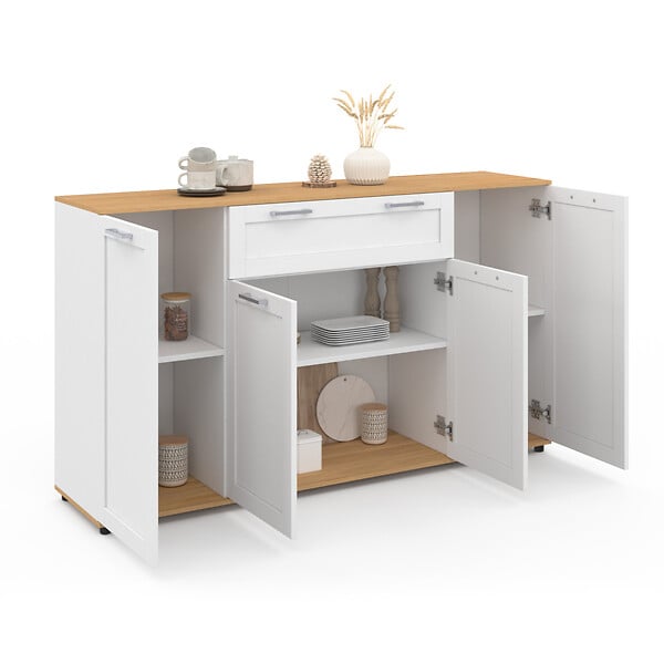 ID MARKET - Buffet 140 cm VITO 4 portes et 1 tiroir blanc et bois - large