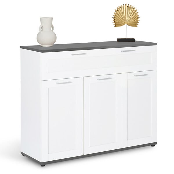 ID MARKET - Buffet 100 cm VITO 3 portes et 1 tiroir blanc et plateau gris - large