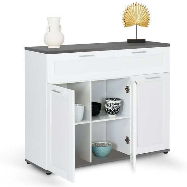 ID MARKET - Buffet 100 cm VITO 3 portes et 1 tiroir blanc et plateau gris - large