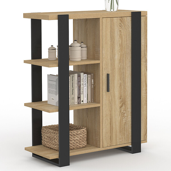 ID MARKET - Buffet d'appoint 3 étagères et placard 70 cm PHOENIX bois et noir - large