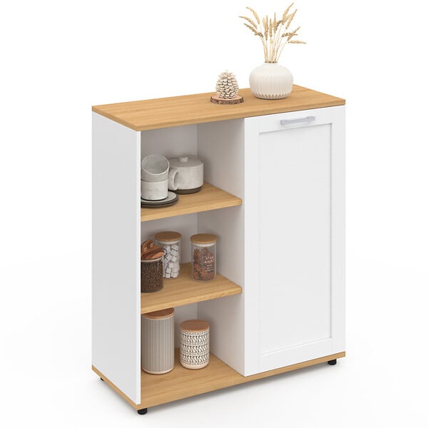ID MARKET - Buffet d'appoint 70 cm VITO 3 étagères et placard blanc et plateau bois - large