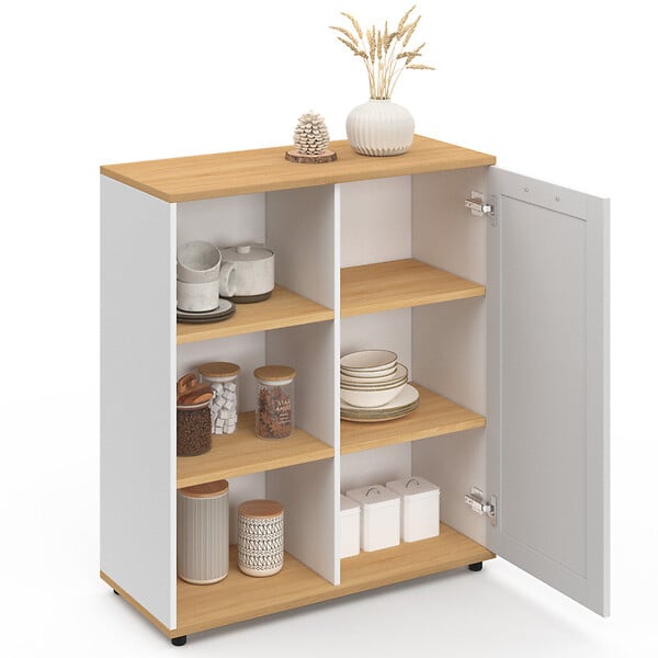 ID MARKET - Buffet d'appoint 70 cm VITO 3 étagères et placard blanc et plateau bois - large