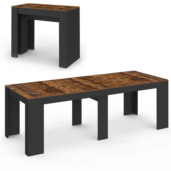 ID MARKET - Table console extensible ORLANDO 10 personnes 235 cm bois effet vieilli et noir - large