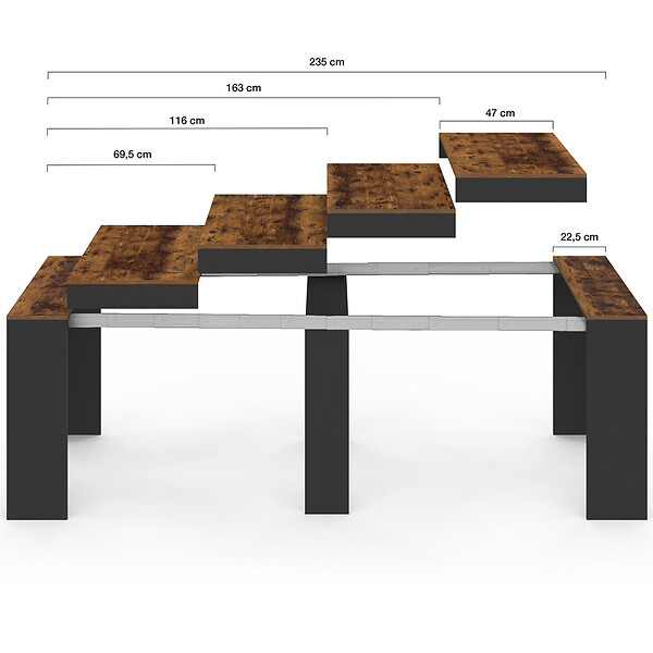 ID MARKET - Table console extensible ORLANDO 10 personnes 235 cm bois effet vieilli et noir - large