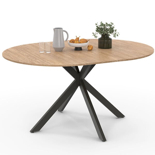 ID MARKET - Table à manger extensible ronde ALIX 4-8 personnes pied araignée bois et noir 110-150 cm - large