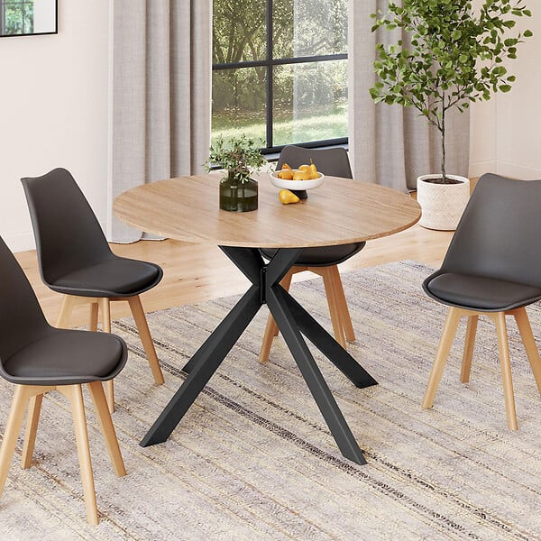 ID MARKET - Table à manger extensible ronde ALIX 4-8 personnes pied araignée bois et noir 110-150 cm - large
