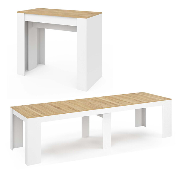 ID MARKET - Table console extensible ORLANDO 14 personnes 300 cm blanc et façon hêtre - large