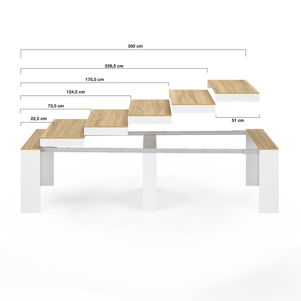 ID MARKET - Table console extensible ORLANDO 14 personnes 300 cm blanc et façon hêtre - large