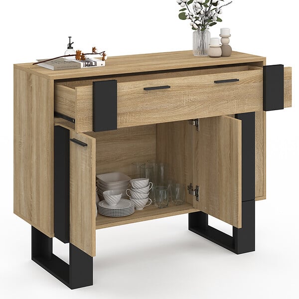 ID MARKET - Buffet 100 cm PHOENIX 3 portes et 1 tiroir bois et noir - large