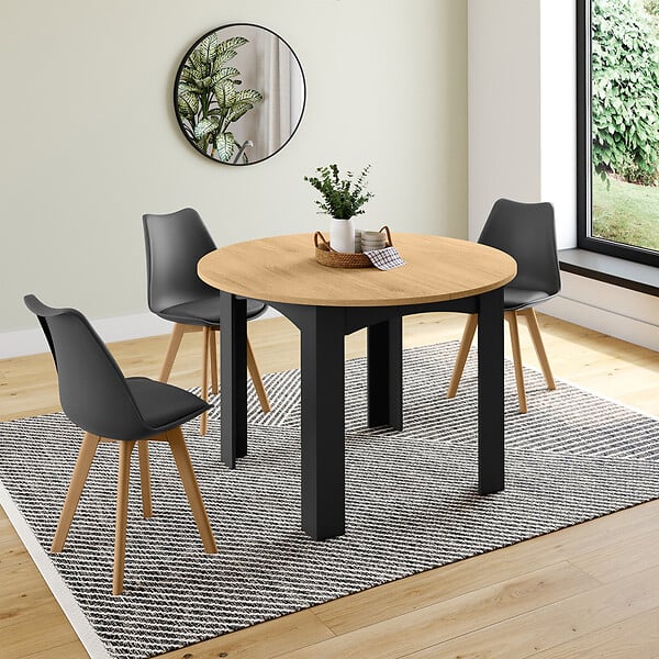 ID MARKET - Table à manger extensible ronde DONA 4-8 personnes noire plateau façon hêtre 110-150 cm - large