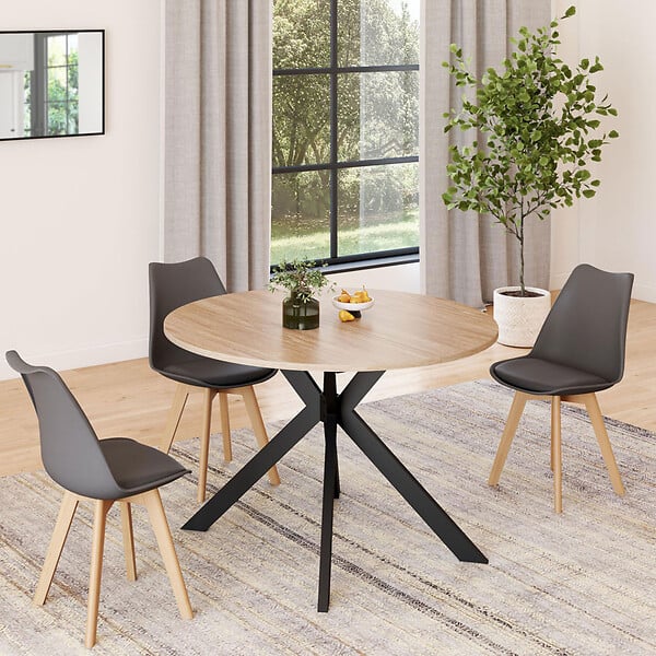 ID MARKET - Table à manger extensible ronde ALIX 4-10 personnes pied araignée bois et noir 110-200 cm - large