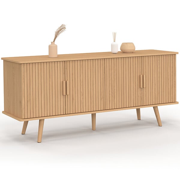 ID MARKET - Buffet bas 140 cm JULIETTE 4 portes effet lattes tasseau bois coloris chêne - large