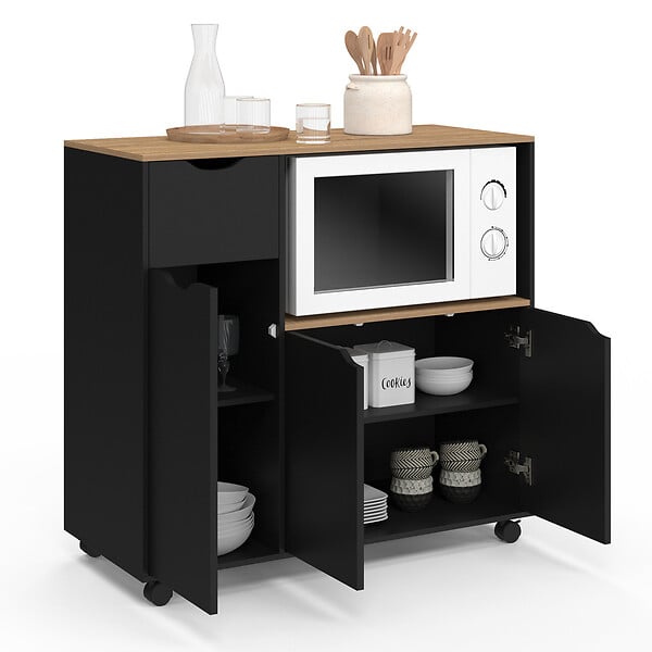 ID MARKET - Desserte micro-onde de cuisine COSI XXL placards avec tiroir bois noir et plateaux façon hêtre L.90 cm - large