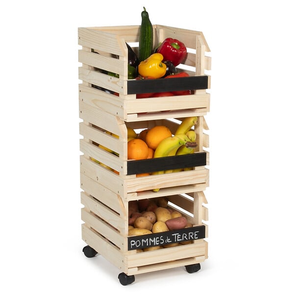 ID MARKET - Lot de 3 clayettes en bois empilables pour fruits et légumes - large