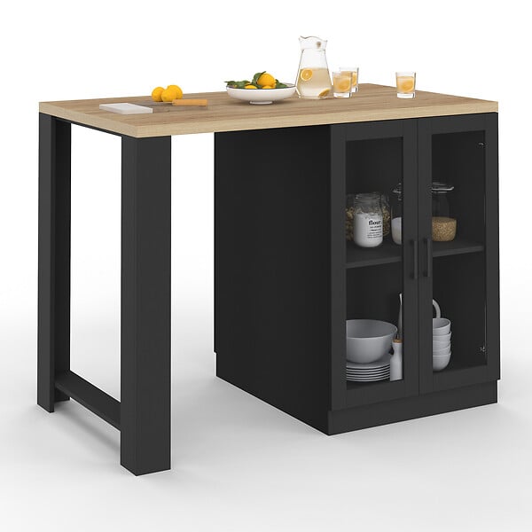 ID MARKET - Ilot central LINO 120 cm 2 personnes bois noir avec plan de travail façon hêtre et portes vitrées - large