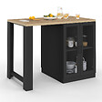 ID MARKET - Ilot central LINO 120 cm 2 personnes bois noir avec plan de travail façon hêtre et portes vitrées - vignette