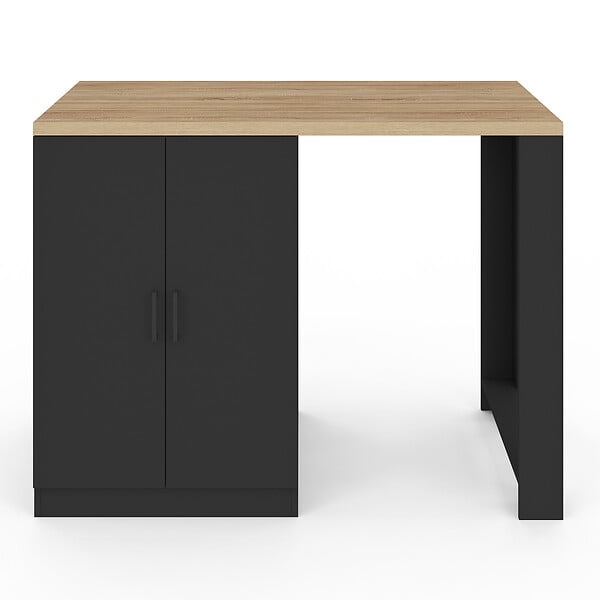 ID MARKET - Ilot central LINO 120 cm 2 personnes bois noir avec plan de travail façon hêtre et portes vitrées - large
