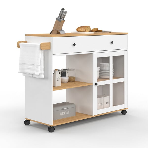 ID MARKET - Desserte de cuisine ACHILLE XXL avec étagère et placard vitré bois et blanc L.100 CM - large