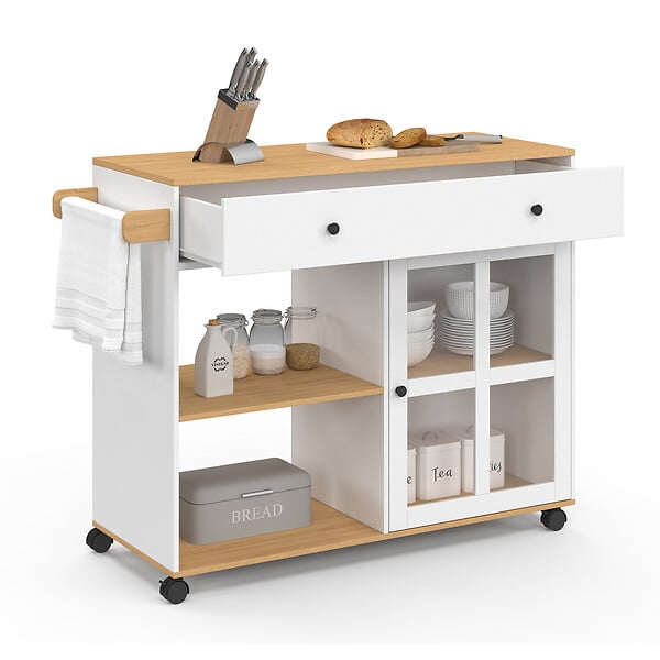 ID MARKET - Desserte de cuisine ACHILLE XXL avec étagère et placard vitré bois et blanc L.100 CM - large