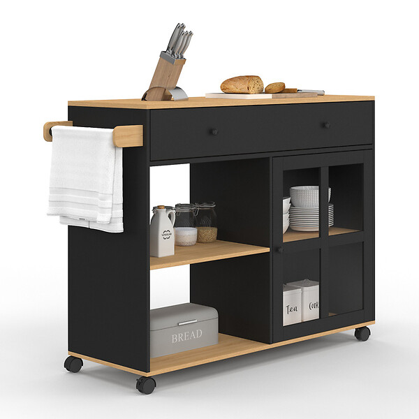ID MARKET - Desserte de cuisine ACHILLE XXL avec étagère et placard vitré bois et noir L. 100 CM - large