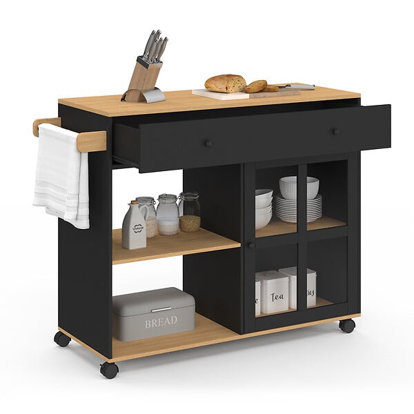 ID MARKET - Desserte de cuisine ACHILLE XXL avec étagère et placard vitré bois et noir L. 100 CM - large