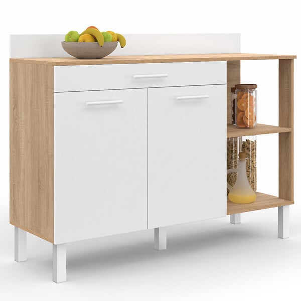 ID MARKET - Buffet bas de cuisine 120 cm CINA plan de travail H.83 cm 2 portes + tiroir façon hêtre et blanc - large