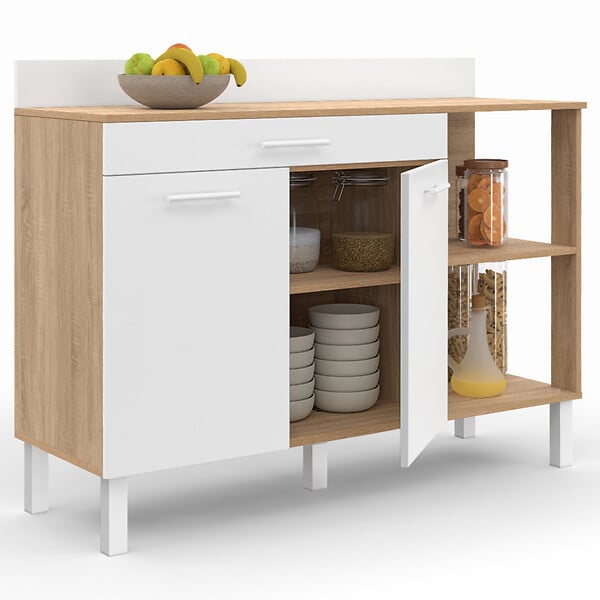 ID MARKET - Buffet bas de cuisine 120 cm CINA plan de travail H.83 cm 2 portes + tiroir façon hêtre et blanc - large