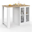 ID MARKET - Ilot central LINO 120 cm 2 personnes bois blanc et plan de travail façon hêtre et portes vitrées - vignette