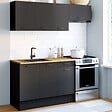 ID MARKET - Cuisine complète 180 cm SUBTIL avec plan de travail 5 éléments noir et plateaux bois - vignette