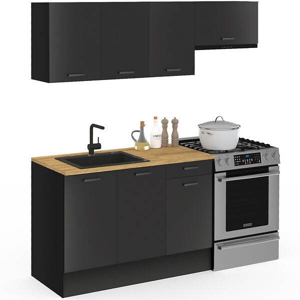 ID MARKET - Cuisine complète 180 cm SUBTIL avec plan de travail 5 éléments noir et plateaux bois - large