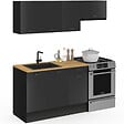 ID MARKET - Cuisine complète 180 cm SUBTIL avec plan de travail 5 éléments noir et plateaux bois - vignette