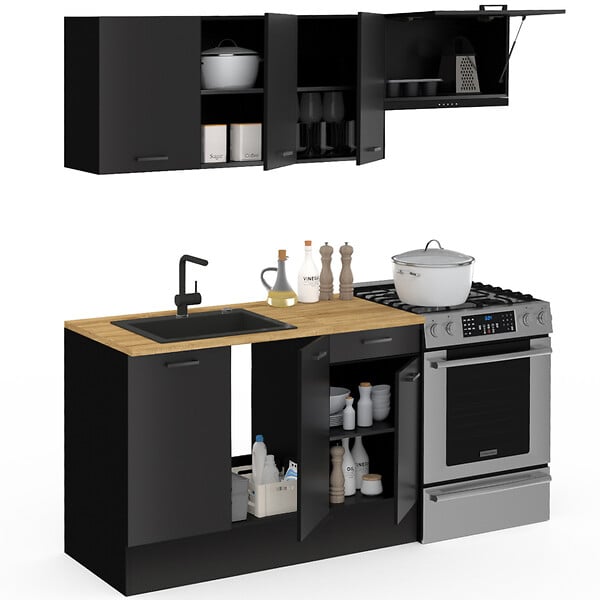 ID MARKET - Cuisine complète 180 cm SUBTIL avec plan de travail 5 éléments noir et plateaux bois - large