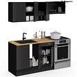 ID MARKET - Cuisine complète 180 cm SUBTIL avec plan de travail 5 éléments noir et plateaux bois - vignette