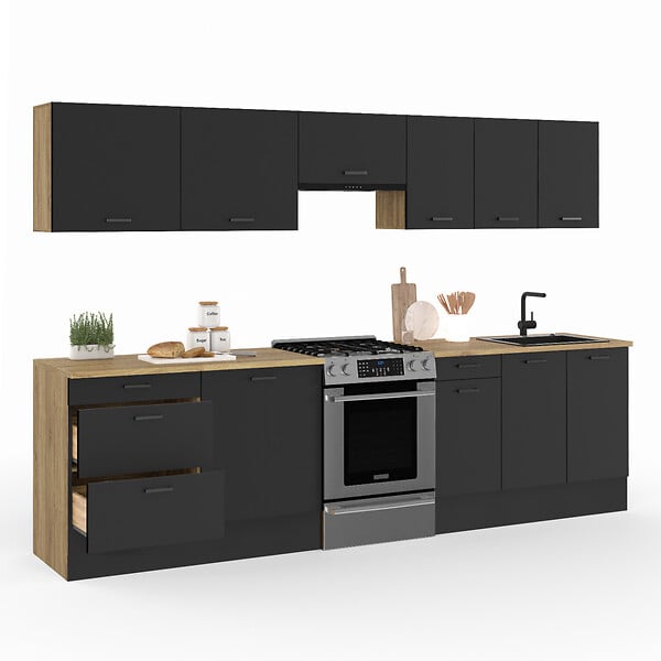 ID MARKET - Cuisine complète casserolier 300 cm SUBTIL avec plan de travail 9 éléments bois et noir - large