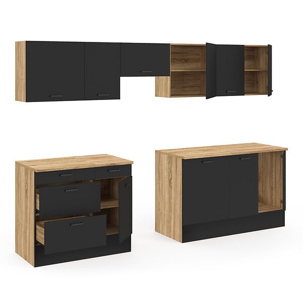 ID MARKET - Cuisine complète casserolier 300 cm SUBTIL avec plan de travail 9 éléments bois et noir - large