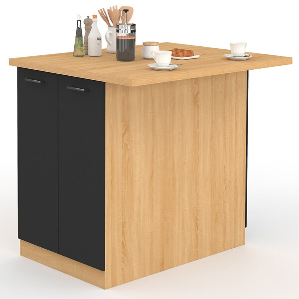 ID MARKET - Ilot central IVO 100 cm bois façon hêtre portes noires avec plan de travail - large