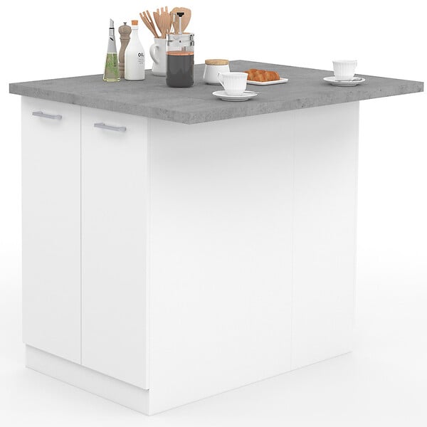 ID MARKET - Ilot central IVO 100 cm blanc avec plan de travail effet béton - large