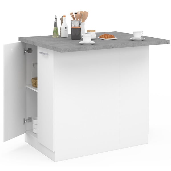 ID MARKET - Ilot central IVO 100 cm blanc avec plan de travail effet béton - large