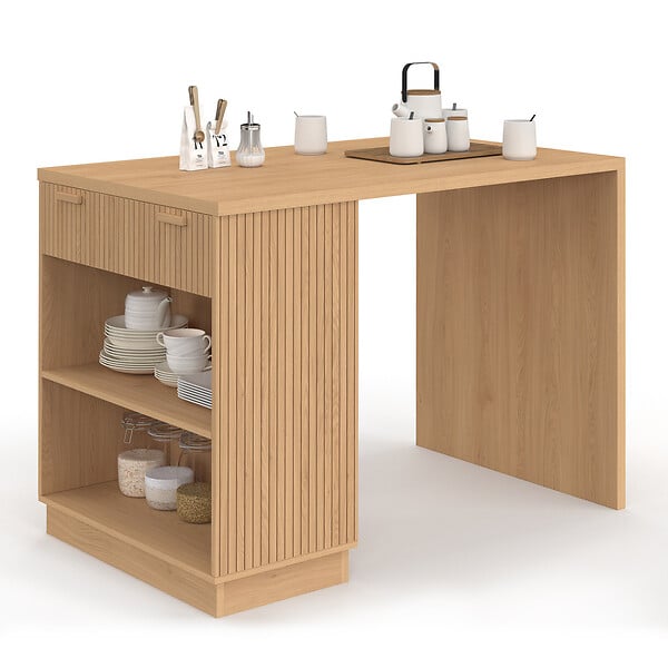 ID MARKET - Ilot central mange-debout 4 personnes JULIETTE 130 cm lattes tasseau bois coloris chêne - large