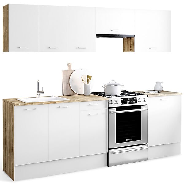ID MARKET - Cuisine complète 240 cm SUBTIL avec plan de travail 7 éléments bois et blanc - large