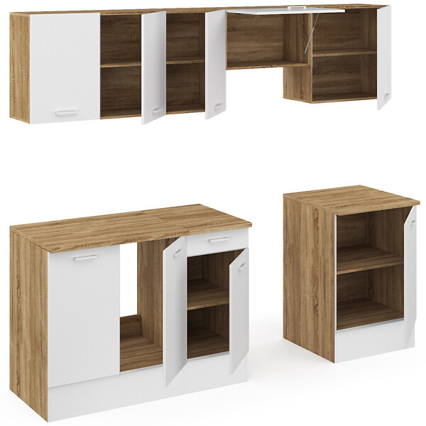 ID MARKET - Cuisine complète 240 cm SUBTIL avec plan de travail 7 éléments bois et blanc - large
